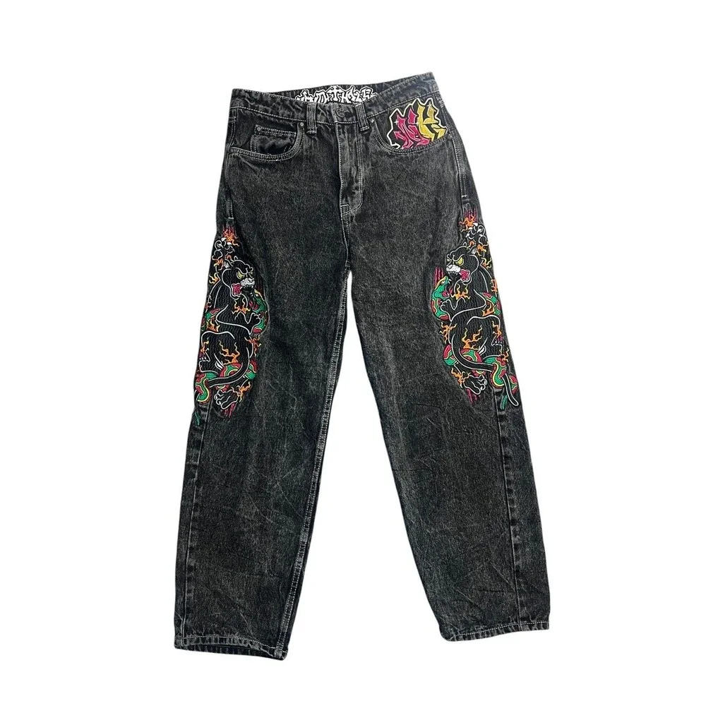 Ninth Hall Ambush Cotton Baggy Jeans Panther Snake Embroidered Denim Pants Black